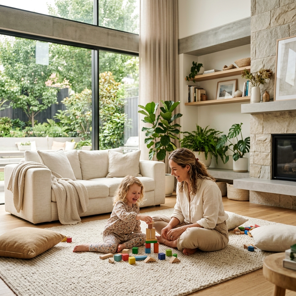Mãe e filha brincando alegremente no chão da sala de estar